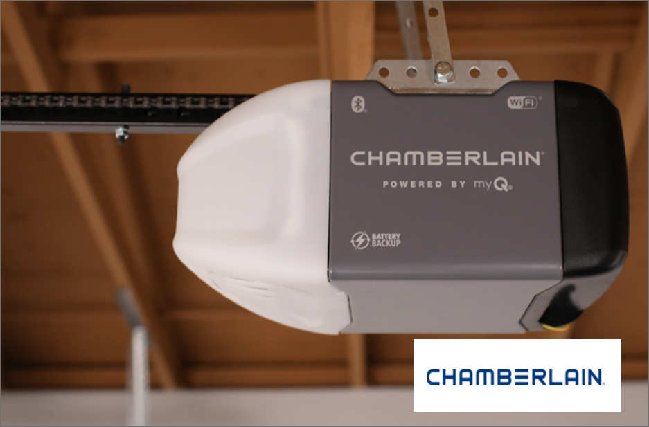 Chamberlain smart garage door opener with myQ technology, Wi-Fi connectivity, and battery backup.