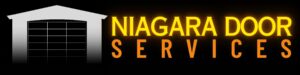 logo2025wide NiagaraDoorServices logo featuring a stylized garage door inside a house outline with bold yellow and orange text on a black background.
